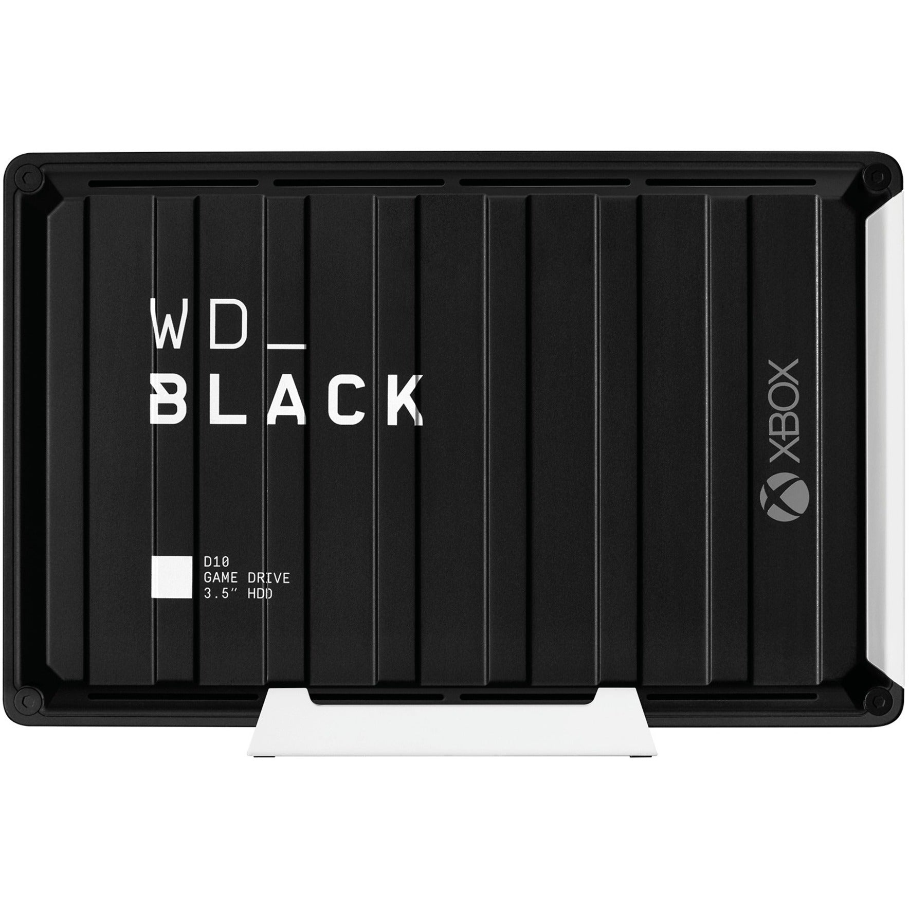 WD_Black D10 Game Drive for Xbox One showing black industrial design with cooling fins and white branding on vertical stand-alternate-image1