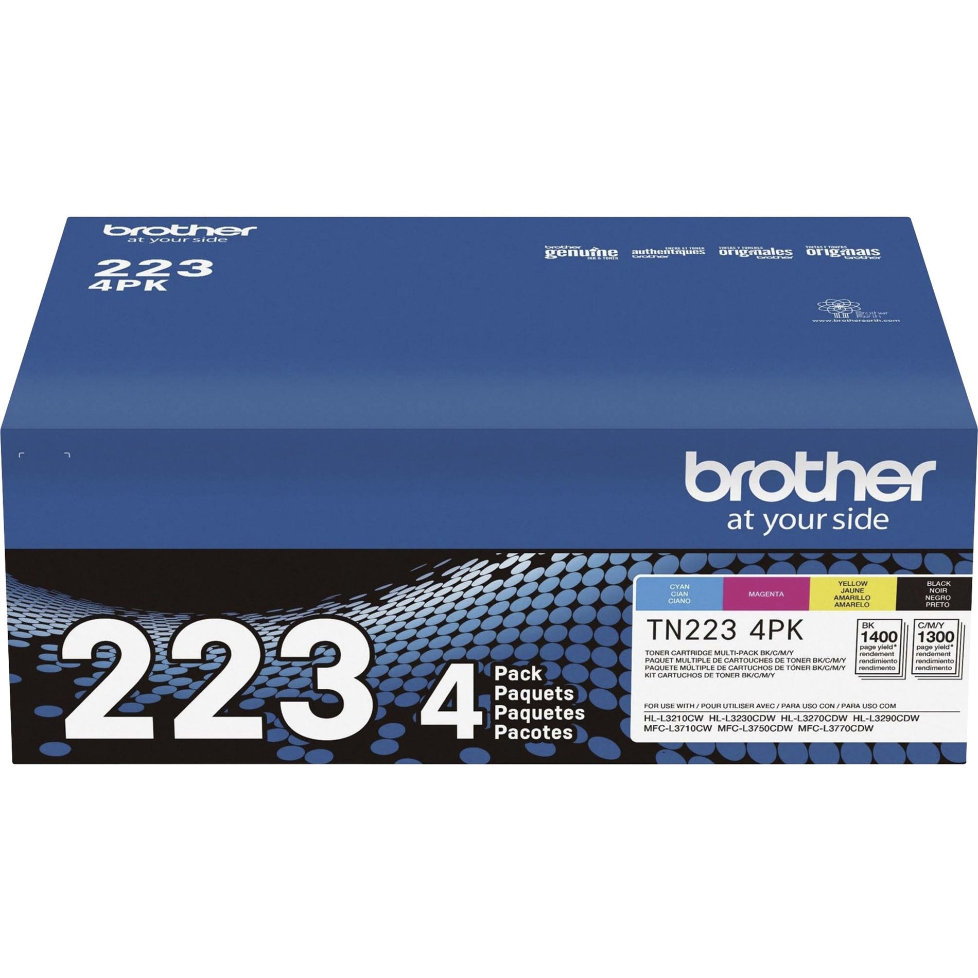 Brother TN223 4PK ตลับหมึกโทนเนอร์แท้ ชุดหลายแบบ ผลผลิตมาตรฐาน เลเซอร์ 1400 หน้า สีดำ 1300 หน้า สีฟ้า 1300 หน้า สีม่วง 1300 หน้า สีเหลือง