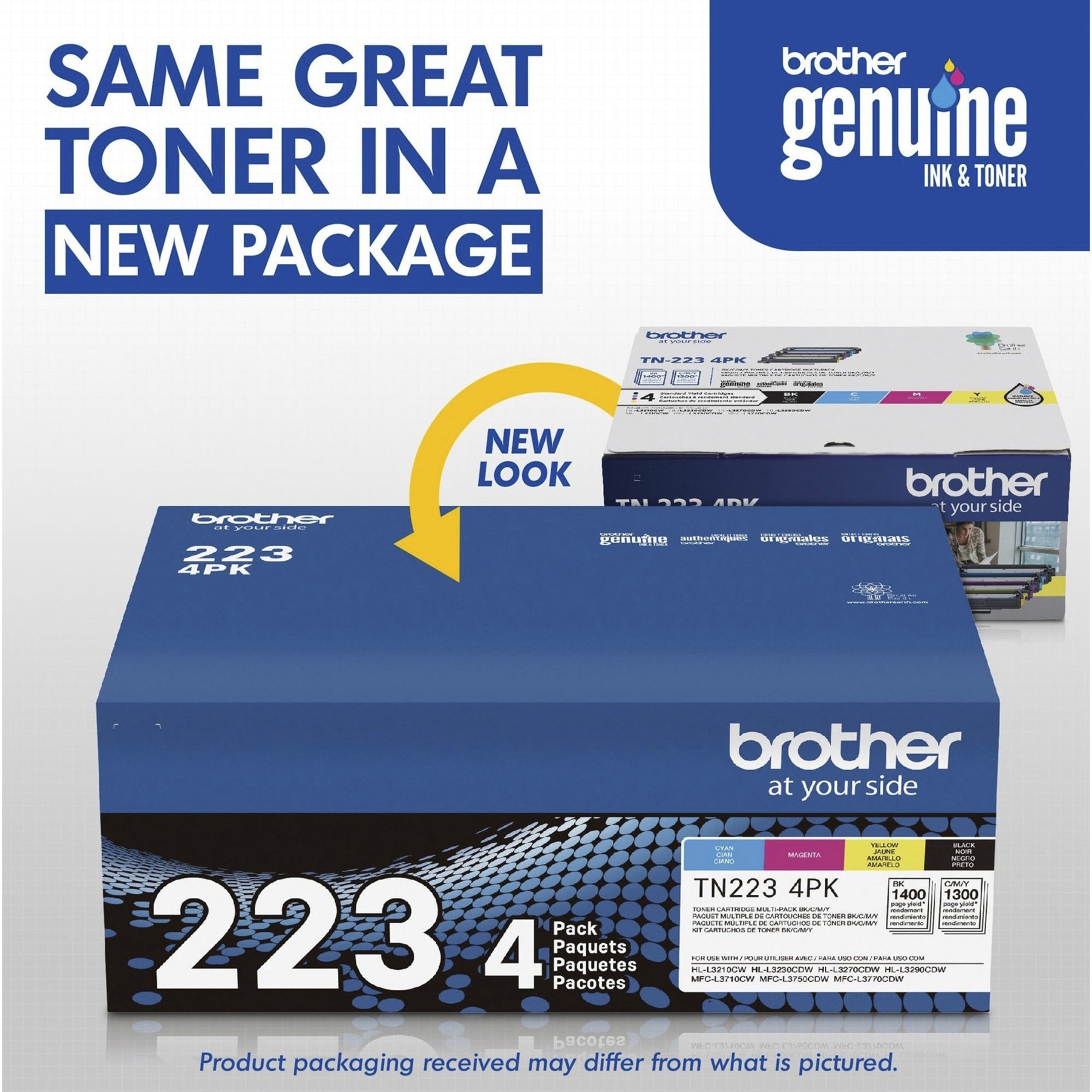 Brother TN223 4PK ตลับหมึกโทนเนอร์แท้ ชุดหลายแบบ ผลผลิตมาตรฐาน เลเซอร์ 1400 หน้า สีดำ 1300 หน้า สีฟ้า 1300 หน้า สีม่วง 1300 หน้า สีเหลือง