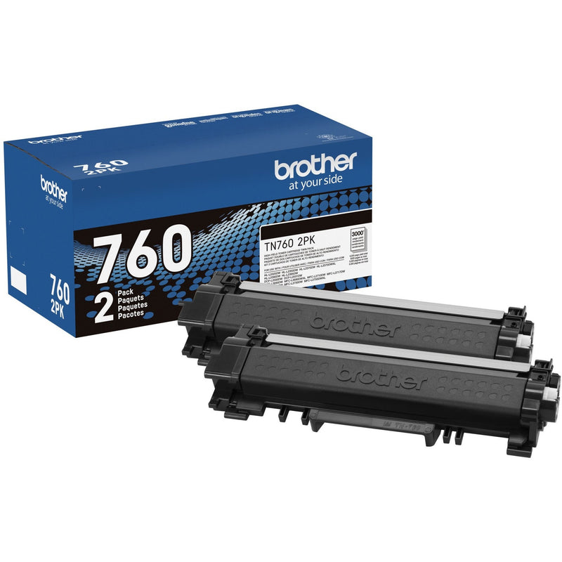 Brother TN760 2PK toner cartridge twin pack showing product box and two black toner cartridges