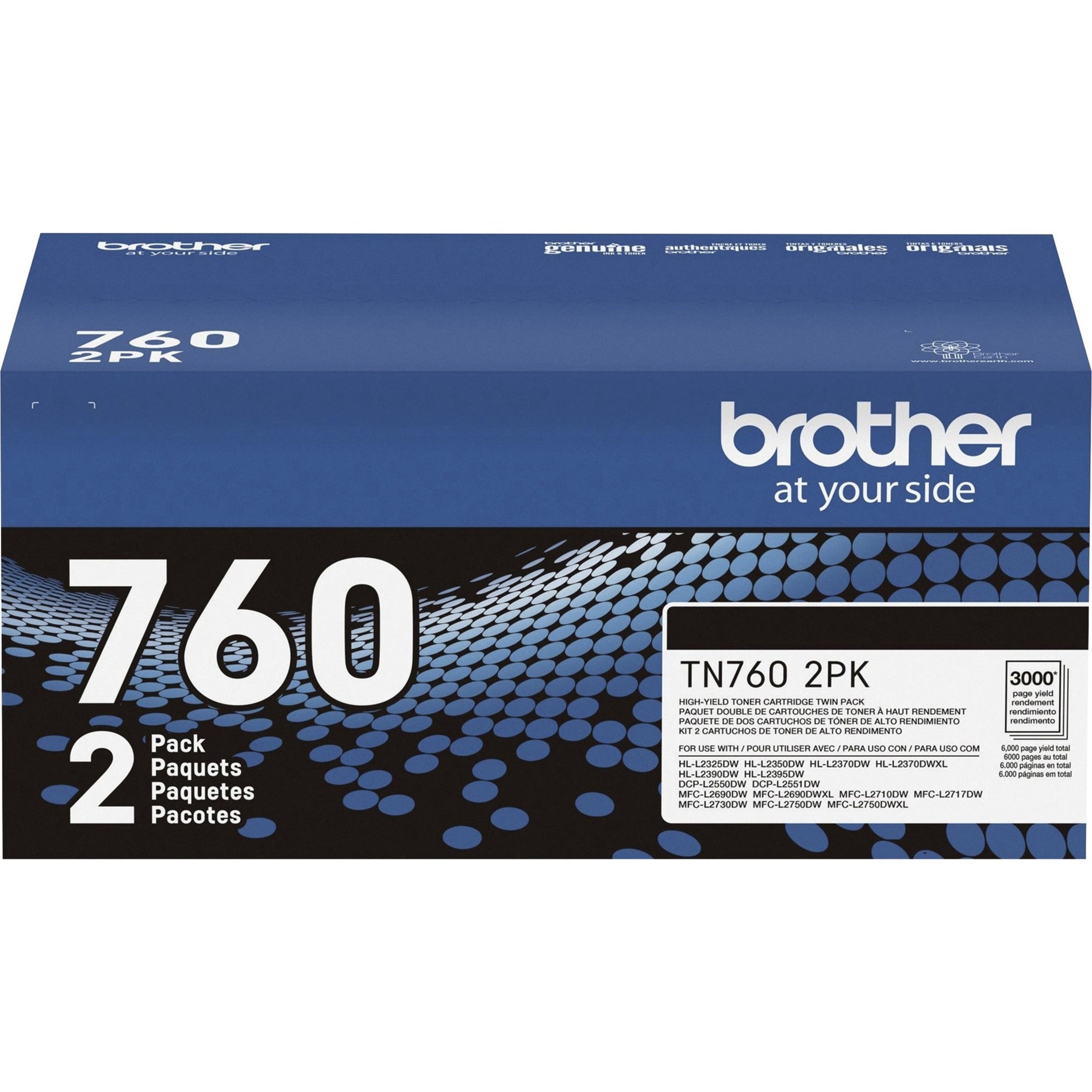 Brother TN760 2PK Original Toner Cartridge, High Yield, 3000 Pages Black (Per Cartridge)