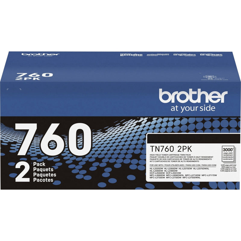 Brother TN760 2PK toner cartridge package showing product details and specifications