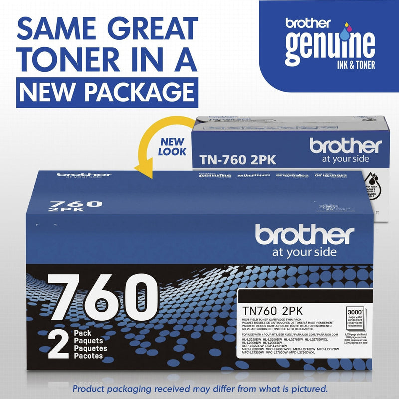 New Brother TN760 2PK packaging design comparison showing updated branding and layout