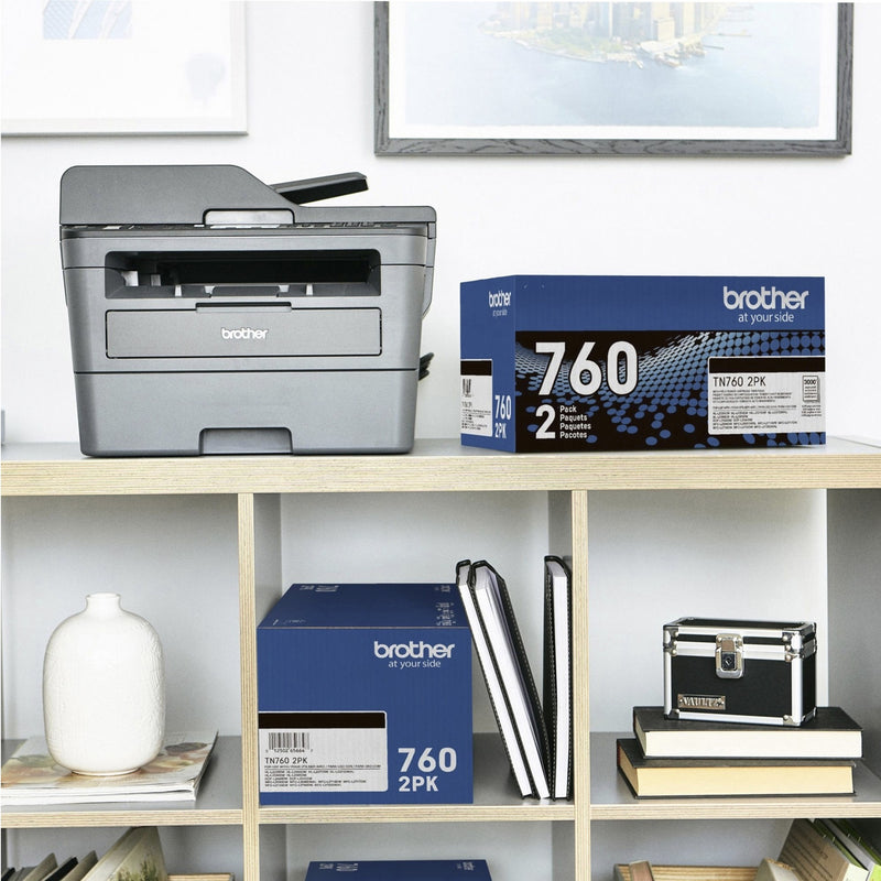 Brother printer and TN760 toner package displayed in modern office setting with shelving unit