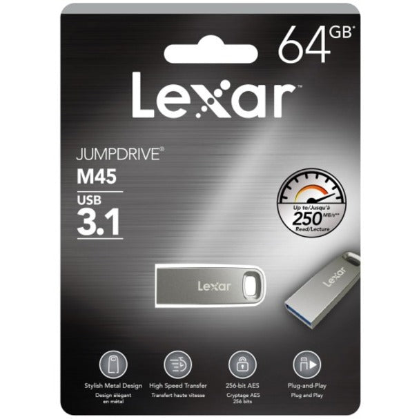 Lexar LJDM45-64GABSLNA 64GB JumpDrive M45 USB 3.1 Flash Drive, 256-bit AES Encryption, Key Ring