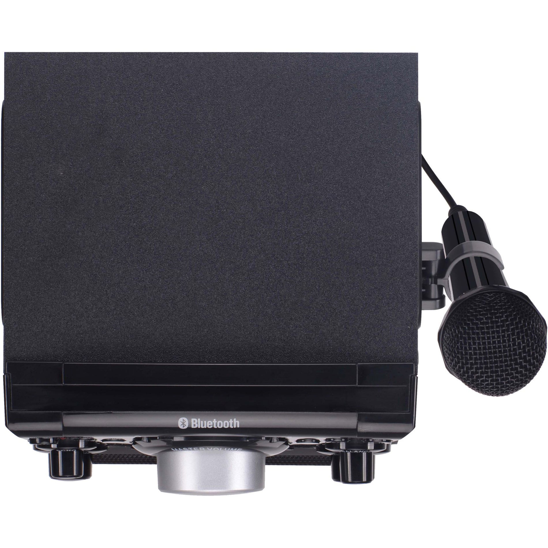 Bottom perspective of Karaoke USA GQ410 showing construction and microphone mount-alternate-image3