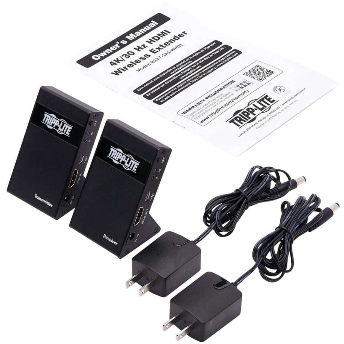 Complete package contents of Tripp Lite B127-1A1-WHD1 wireless HDMI extender including units, power supplies, and manual-alternate-image4