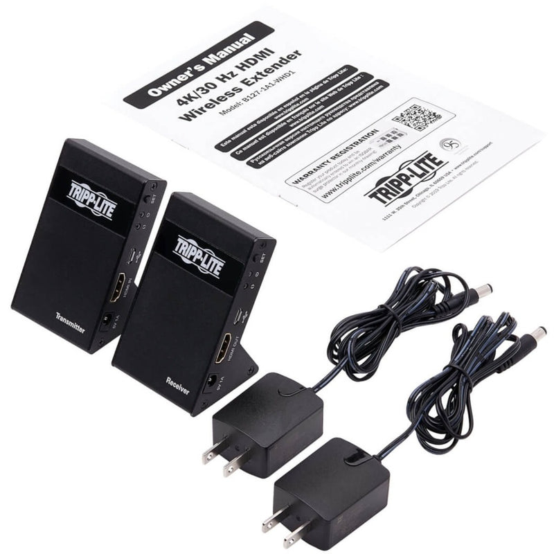 Complete package contents of Tripp Lite B127-1A1-WHD1 wireless HDMI extender including units, power supplies, and manual