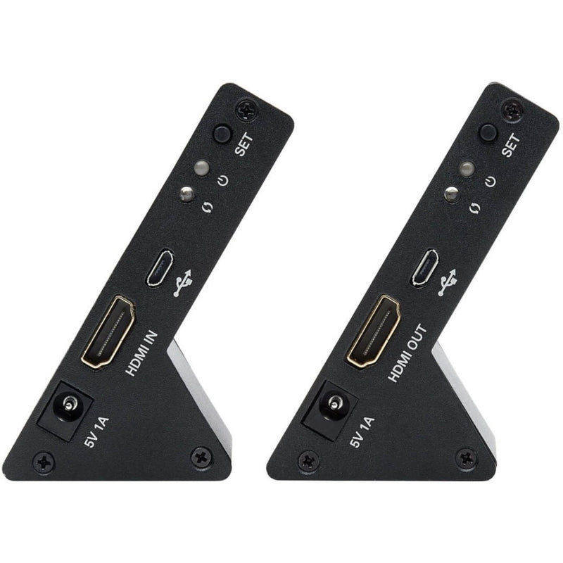 Detailed view of connection ports and status indicators on Tripp Lite B127-1A1-WHD1 wireless HDMI extender units