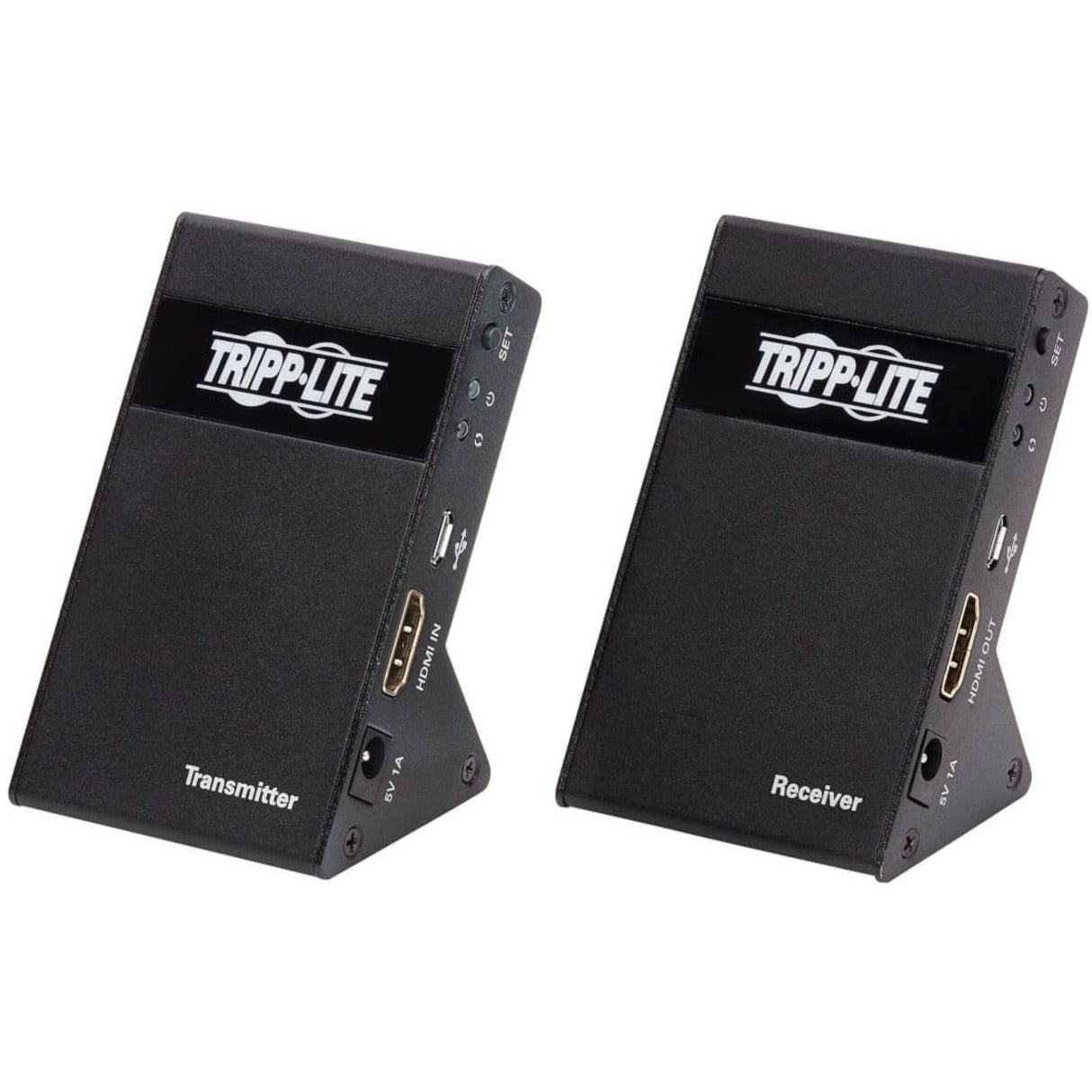 Side view of Tripp Lite B127-1A1-WHD1 wireless HDMI transmitter and receiver units showing compact angled design-alternate-image1