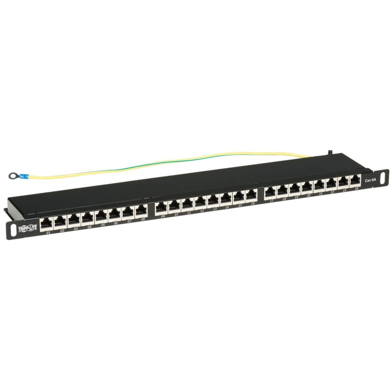 Front view of Tripp Lite N252A-024-HUSHK 24-port Cat6a shielded patch panel with numbered ports and grounding wire-alternate-image1