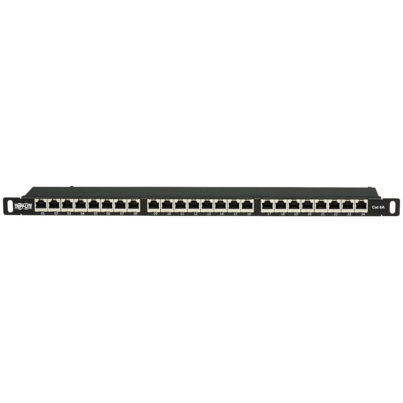 Direct front view of patch panel showing numbered ports and labeling system