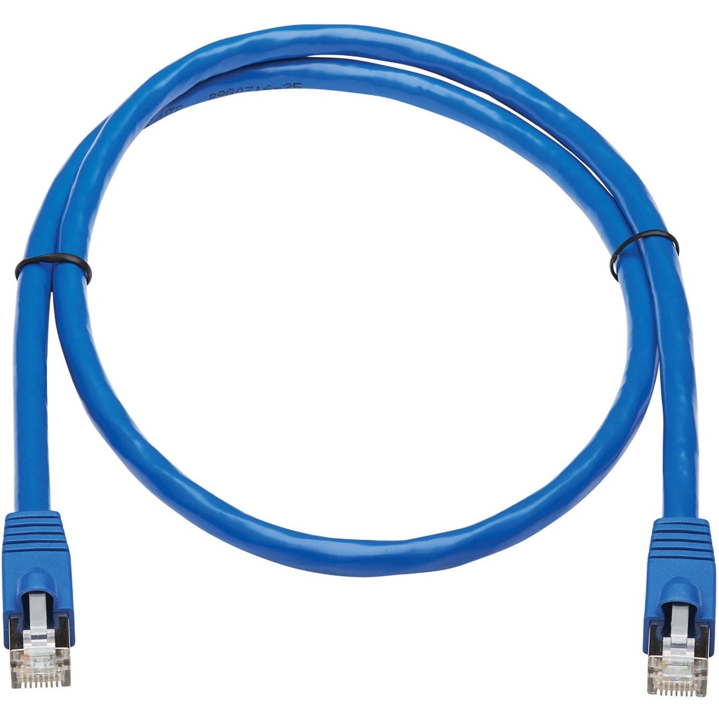 Blue Cat6a network patch cable with snagless RJ45 connectors showing curved flexible design-alternate-image1