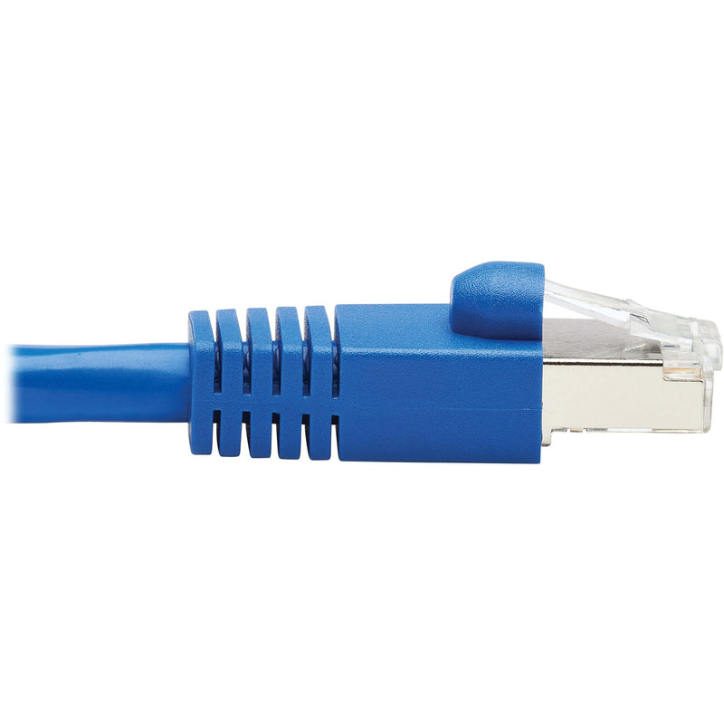 Side profile of Cat6a cable connector showing strain relief boot and cable transition