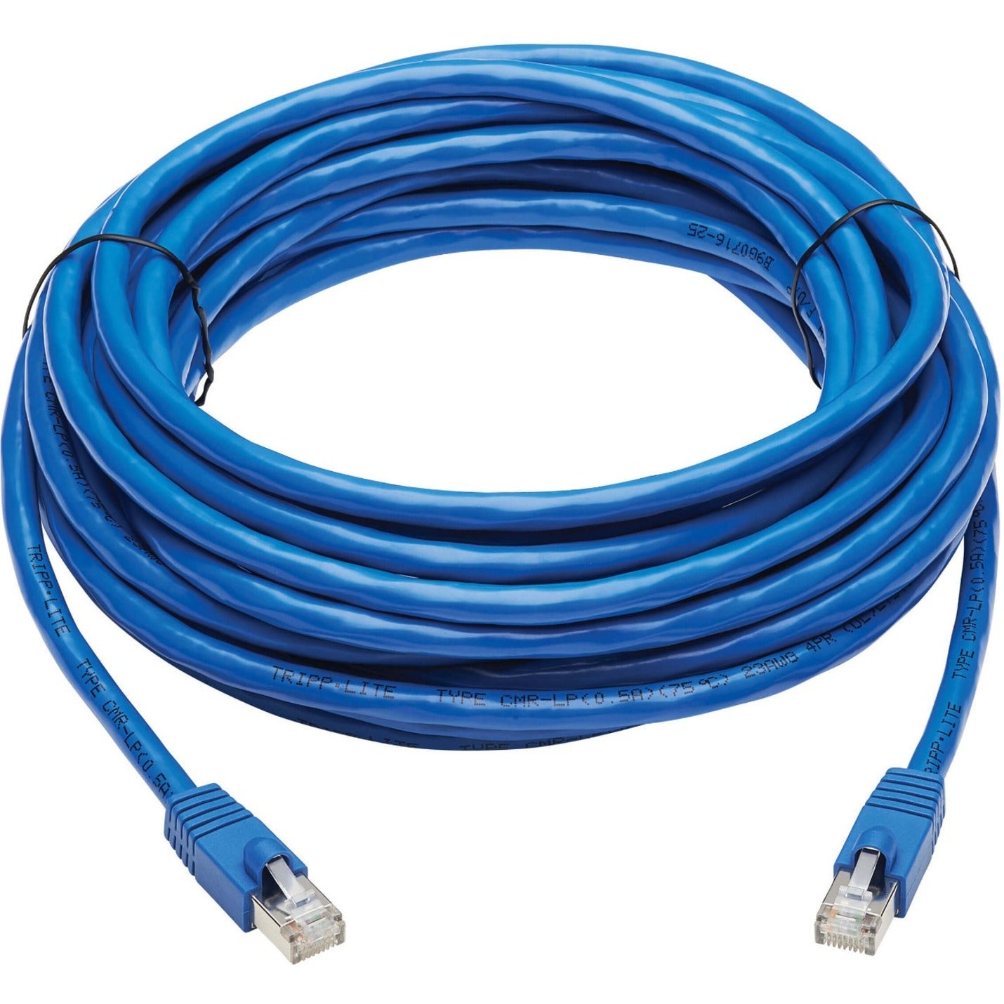 Blue Cat6a F/UTP network patch cable with RJ45 connectors coiled to show 30-foot length-alternate-image1