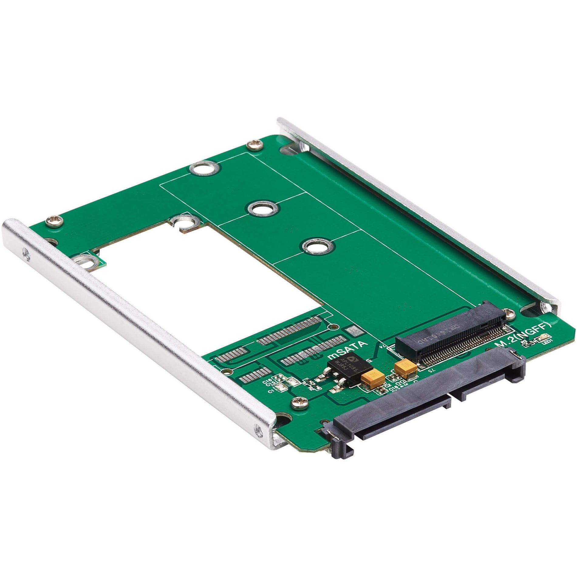 M.2 NGFF SSD to SATA adapter showing green PCB with open-frame design and interface connectors-alternate-image1