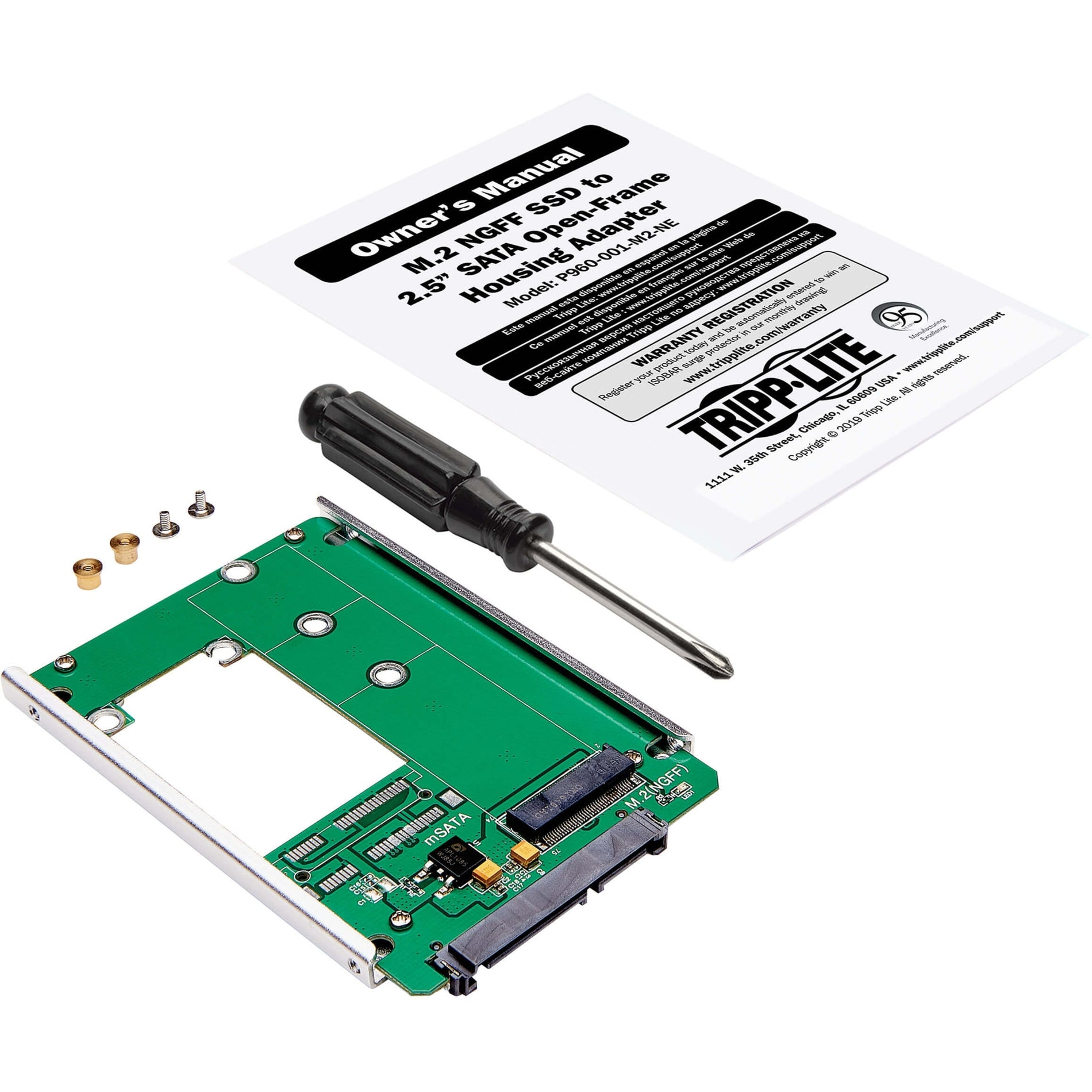 Tripp Lite P960-001-M2-NE M.2 NGFF SSD (B-Key) to 2.5 in. SATA Open-Frame Housing Adapter, Green, 1 Year Warranty