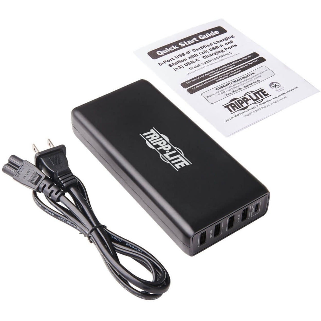 Tripp Lite U280-005-WS4C1 USB 充电站，4 USB-A，1 USB C，110W 功率，紧凑设计 Tripp Lite 特力品