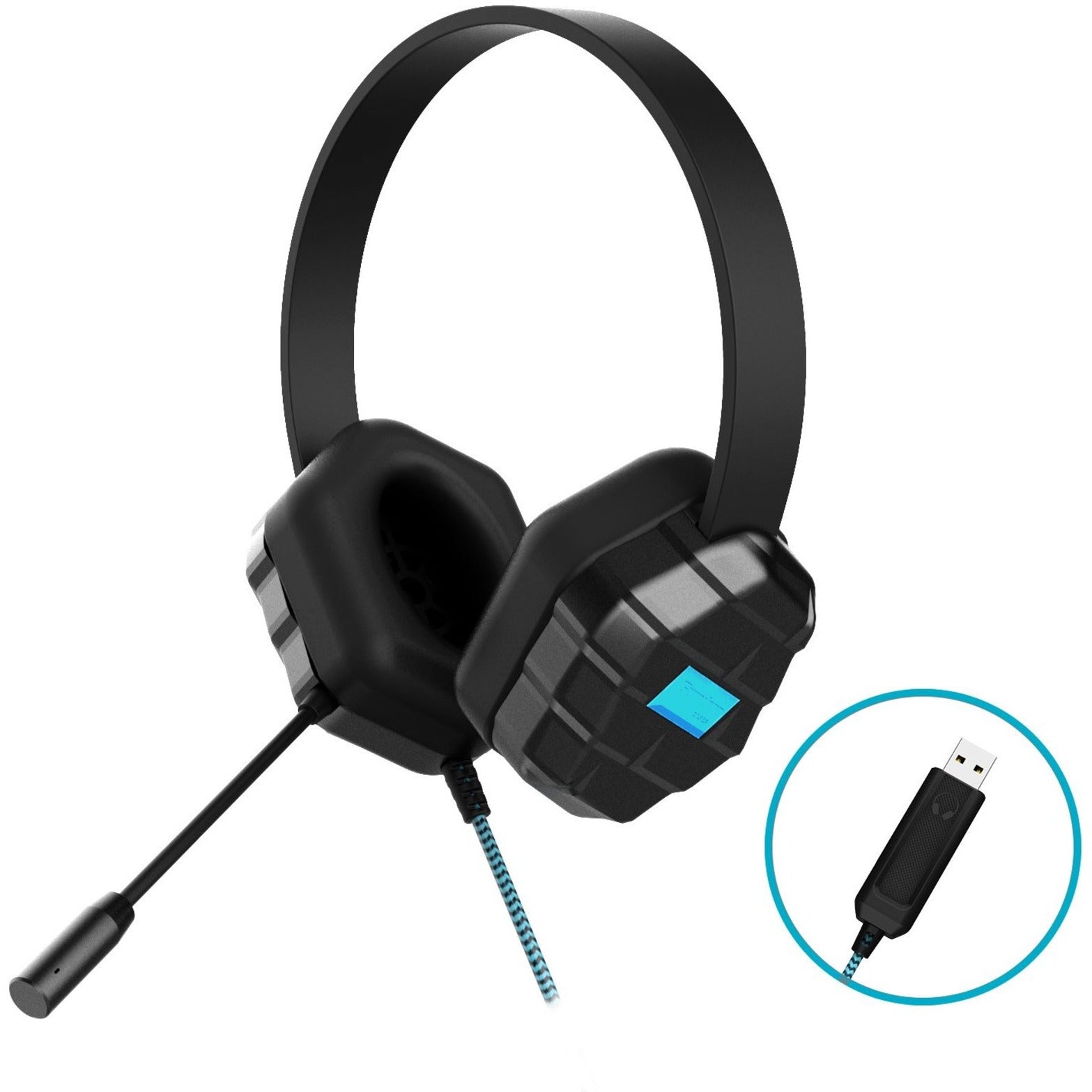 Black DropTech USB headset with geometric protective panels, adjustable boom mic, and braided blue cable-alternate-image1