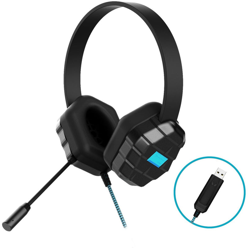 Black DropTech USB headset with geometric protective panels, adjustable boom mic, and braided blue cable