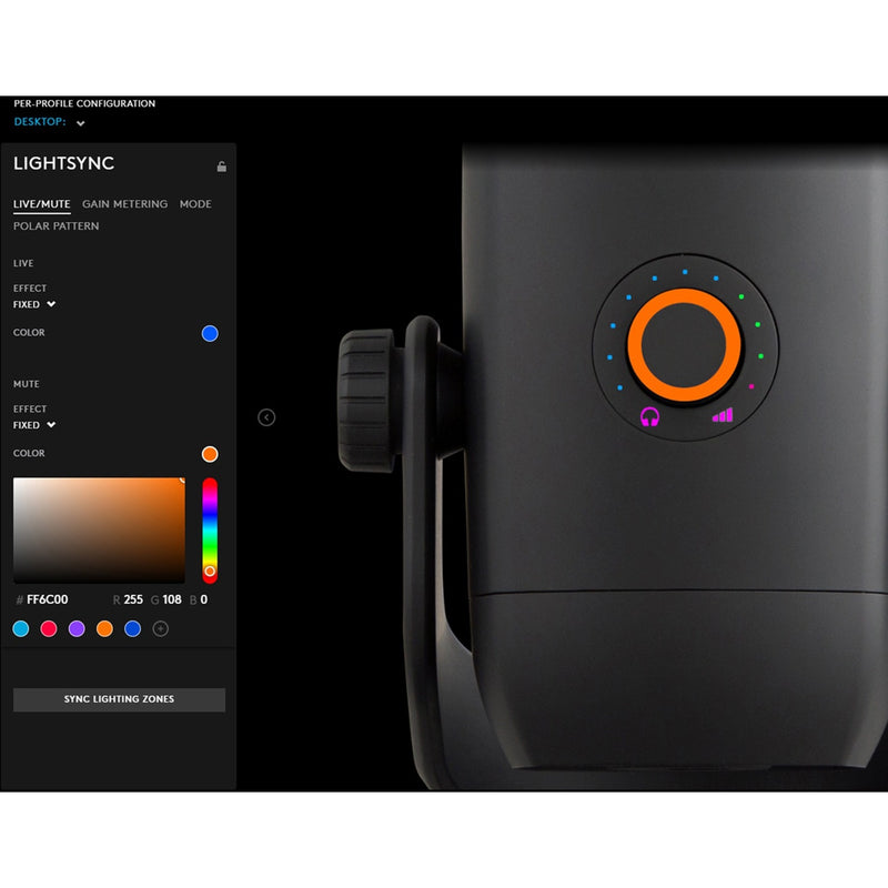 G HUB software interface showing LED customization options for Blue Yeti X