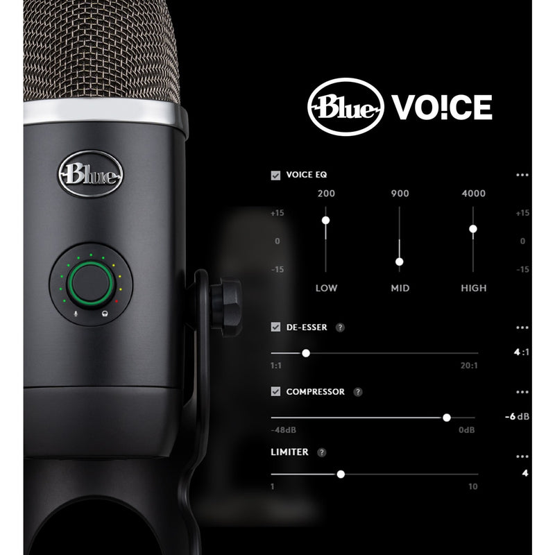 Blue Yeti X microphone alongside Blue VO!CE software interface