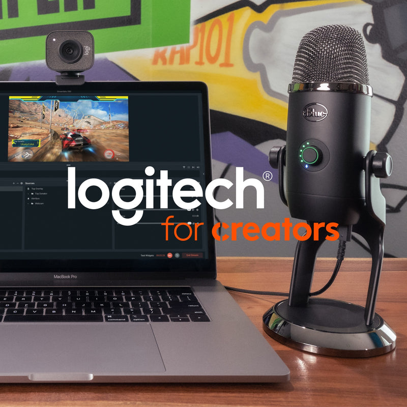 Blue Yeti X shown in gaming and streaming setup with Logitech branding