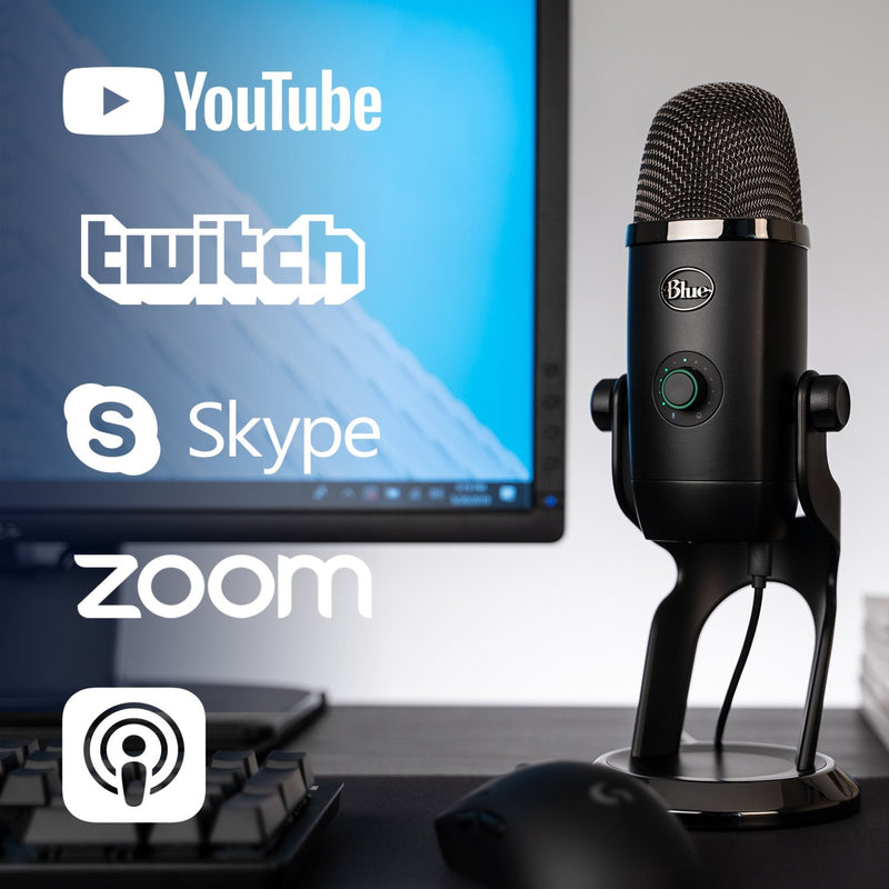 Blue Yeti X shown with various streaming and communication platform logos