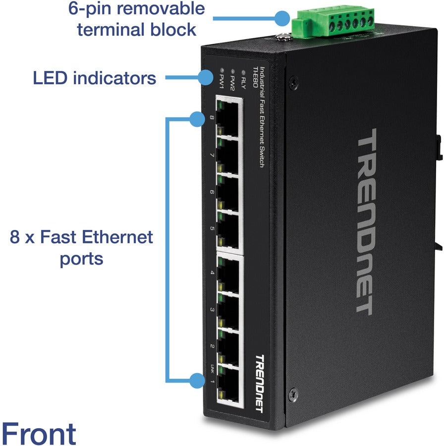 TRENDnet TI-E80 8ポート産業用ファーストイーサネットDINレールスイッチ、1.6Gbpsスイッチング容量、IP30金属スイッチ、ライフタイム保護