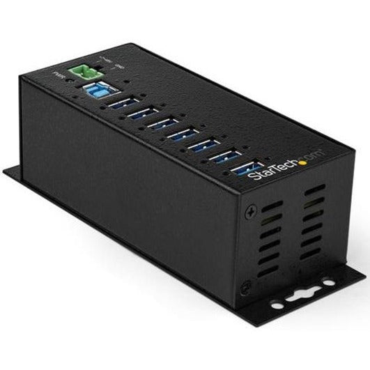 Side view of StarTech.com 7-port industrial USB 3.0 hub showing metal housing and USB ports