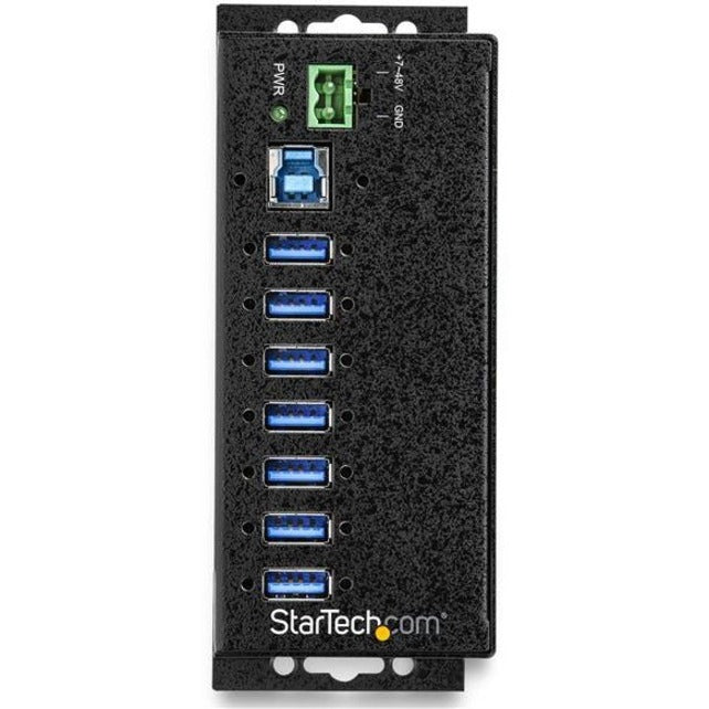 Front view of StarTech.com industrial USB hub showing vertical port arrangement and LED indicators