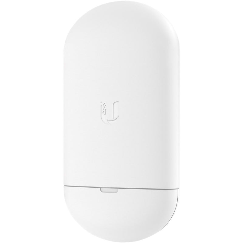 Front view of Ubiquiti NanoStation 5AC Loco showing white curved design with logo