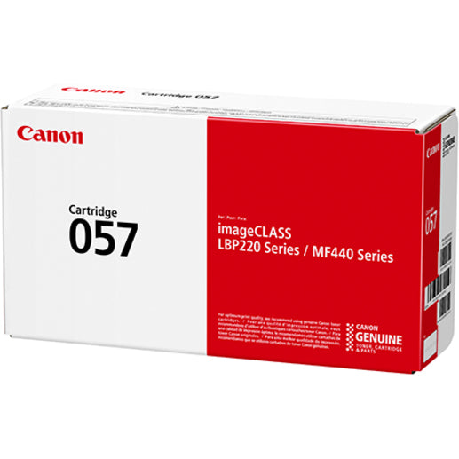 Angled view of Canon 057 toner cartridge packaging showing security features and genuine product indicators