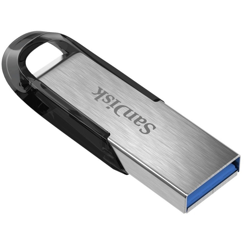 Close-up view of SanDisk Ultra Flair USB drive showing metal finish and keyring attachment