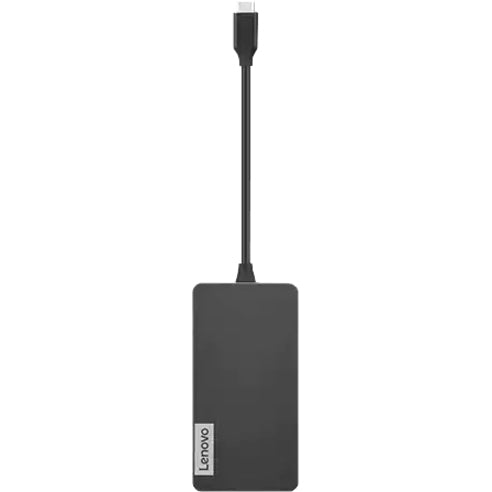 Vertical view of Lenovo USB-C 7-in-1 Hub showing slim profile and built-in cable