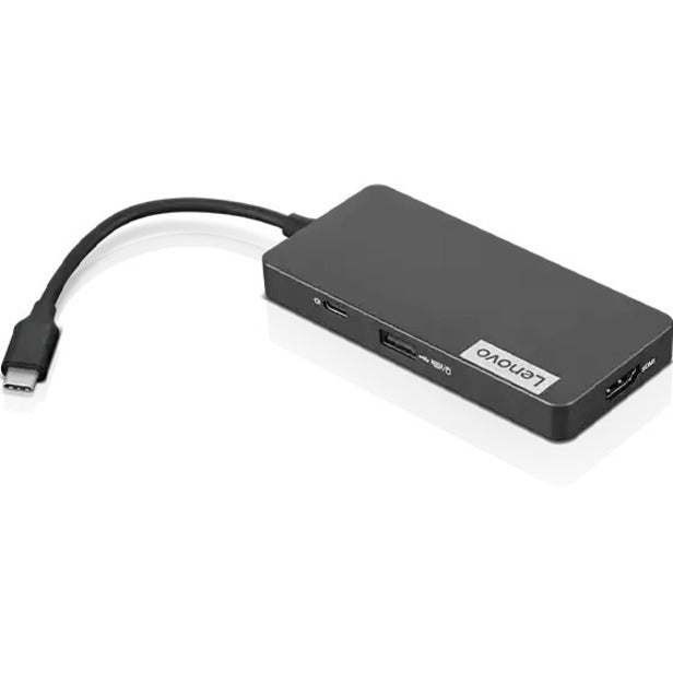 Side angle view of Lenovo USB-C 7-in-1 Hub displaying slim profile and port arrangement