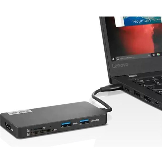 Lenovo USB-C 7-in-1 Hub connected to ThinkPad laptop showing practical usage scenario