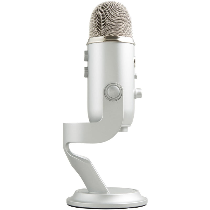 Side profile of Blue Yeti microphone showing adjustable mount and base