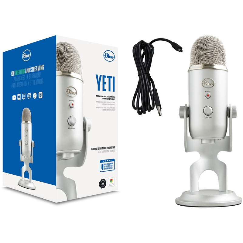 Blue Yeti microphone product package contents including microphone, USB cable, and stand