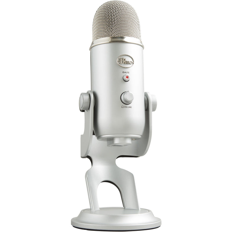 Front view of Blue Yeti USB microphone in silver finish showing volume control and mute button