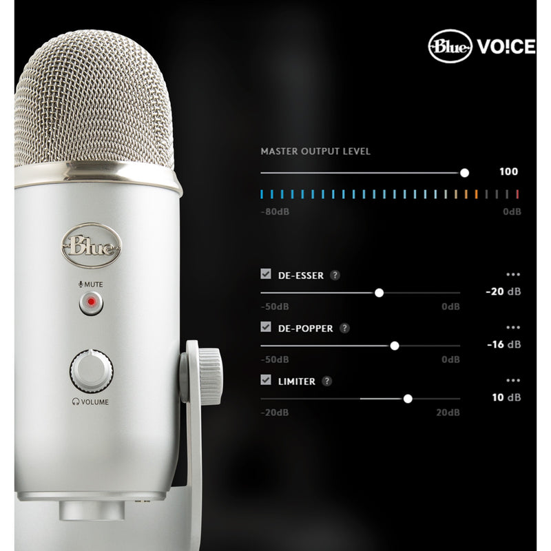 Blue Yeti microphone with Blue VO!CE software interface showing audio processing controls