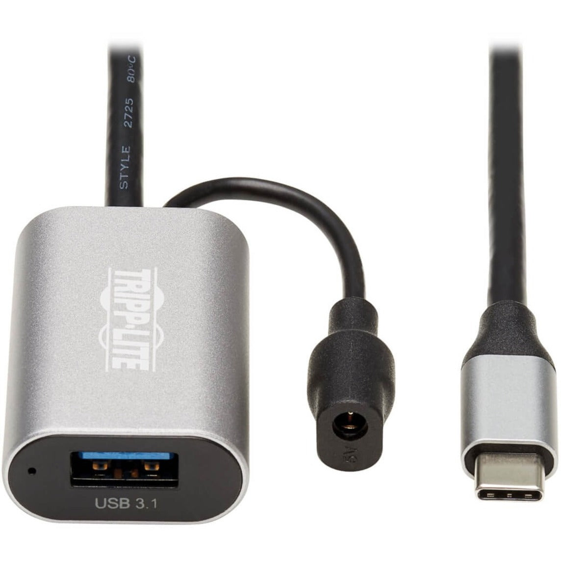 Close-up view of Tripp Lite USB-C to USB-A active extension cable showing signal booster unit and connectors-alternate-image1