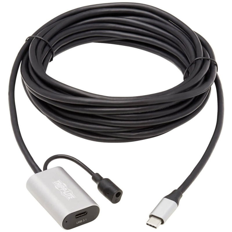 Full length view of 16-foot USB-C active extension cable with signal booster unit