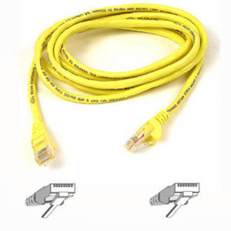 Yellow Belkin Cat6 UTP network cable with RJ45 connectors showing cable construction and termination points