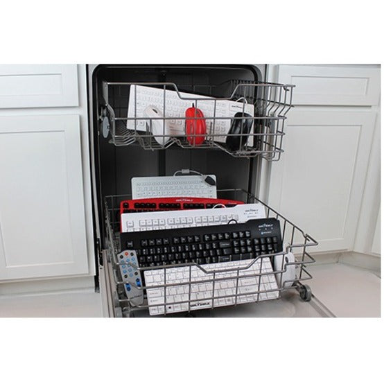 Seal Shield mouse and keyboard being cleaned in dishwasher rack