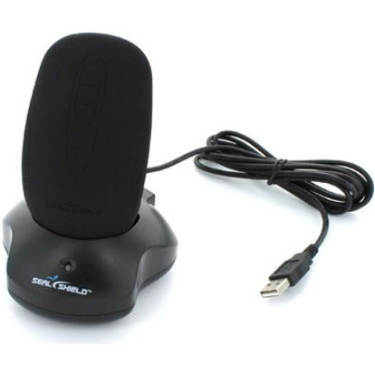 Seal Shield wireless mouse on its charging dock with USB cable connection