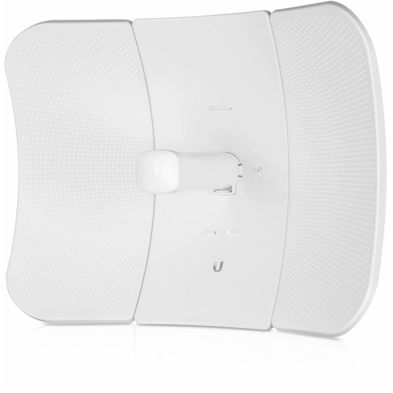 Front view of Ubiquiti LiteBeam 5AC showing perforated antenna panels and central mounting unit