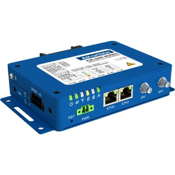 Advantech ICR-3241 4G LTE industrial router showing blue metal housing, dual Ethernet ports, LED indicators, and mounting brackets-alternate-image1