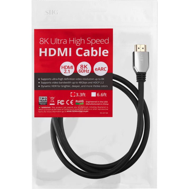 SIIG CB-H21511-S1 8K Ultra High Speed HDMI Cable - 6.6ft, HDCP 2.2, EMI/RF Protection, Gold Plated Connectors