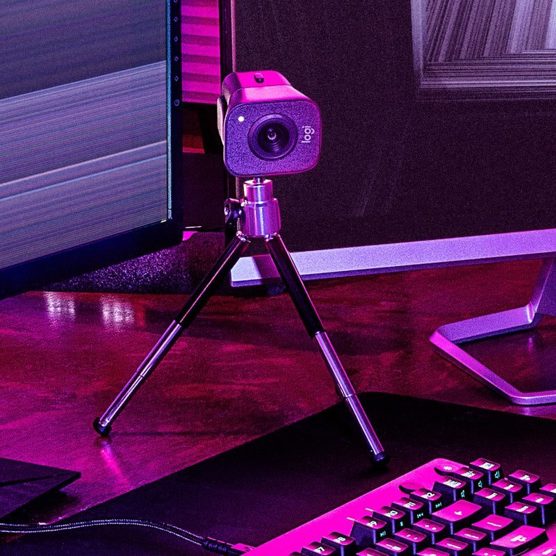 StreamCam Plus in RGB gaming environment with tripod mount